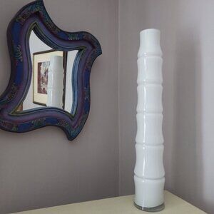 Tall 1970's White Cased Glass Bamboo Vase
